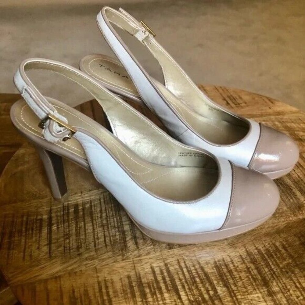 Tahari London Ivory & Beige Leather Cap Toe Slingback Pumps ~ Size 6